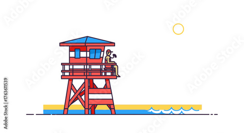 Lifeguard tower on a colorful beach with person cartoon illustration