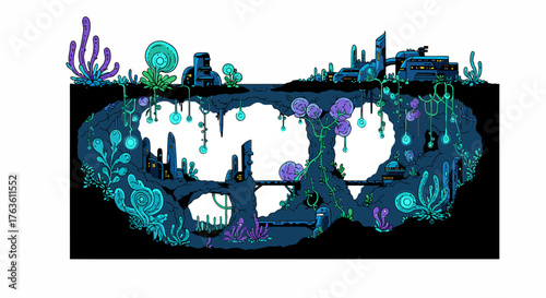 Futuristic underground cityscape with sci-fi architecture and strange flora