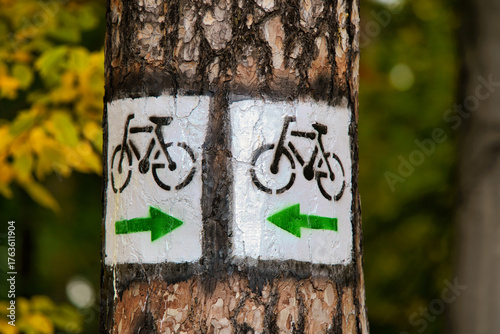 Bicycle path signs in the forest showing cyclists the direction of their journey.