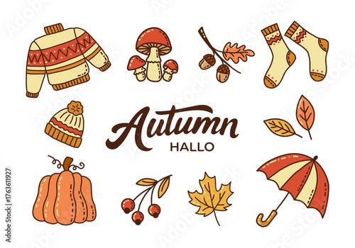 Cozy Autumn Elements Collection with calligraphy: Sweater, Pumpkin, Umbrella, Leaves, Mushrooms, and Acorns in Cute Hand-Drawn Style. Vector illustration.