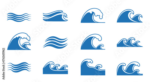 Blue wave pattern set marine vector illustration design elements collection