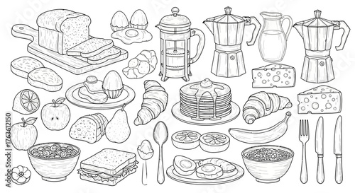 Hand-Drawn Breakfast Collection: Doodle Sketch Vector Set of Food and Morning Essentials