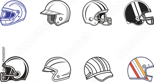 Collection of eight diverse sports helmets and protective headgear icons vector