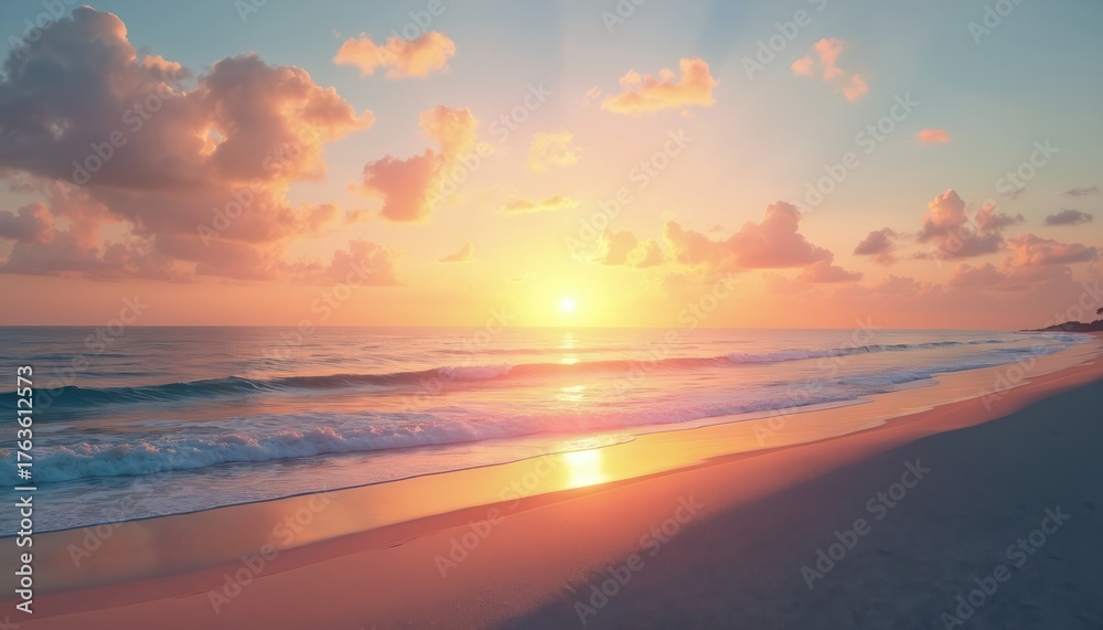 Fototapeta premium Sun sets over calm ocean horizon with colorful pink clouds. Gentle sea waves wash sandy beach. Tranquil seaside landscape with beautiful golden light reflects on water. Serene, peaceful summer