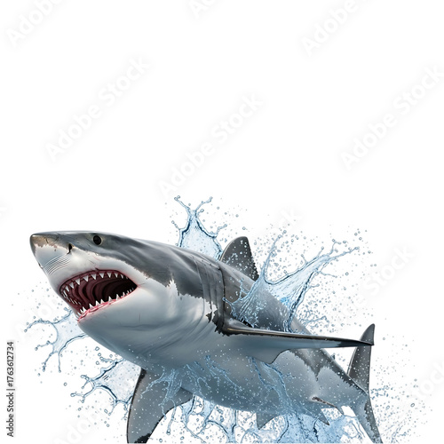 Two sharks breaching water with splashing isolated on transparent background