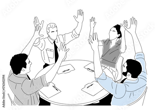 Black and white minimalist line drawing of four people at a round table raising hands in a meeting or teamwork scene. Simple grayscale vector illustration with clean, modern design