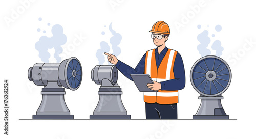 Engineer in safety gear inspects industrial machines with tablet device