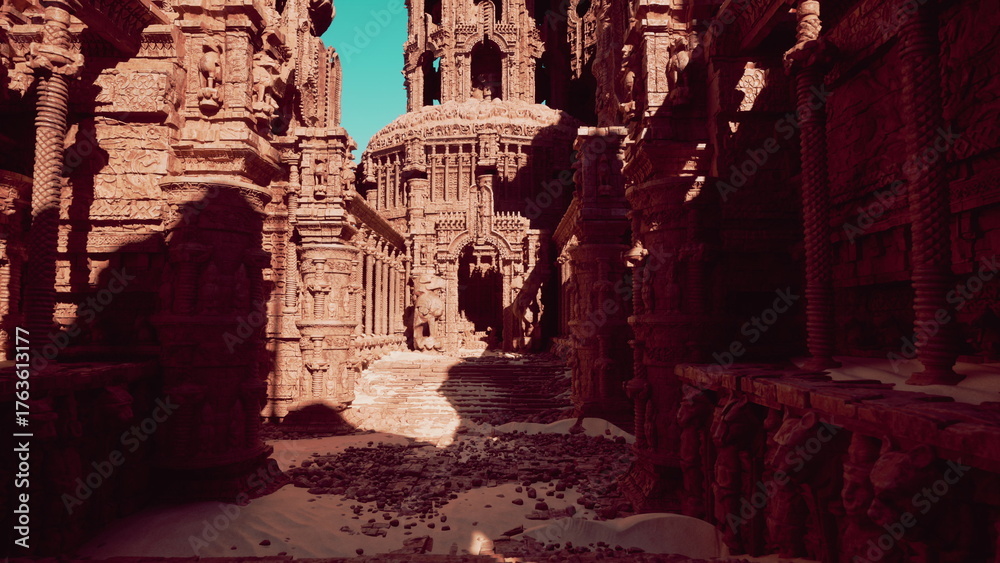 Naklejka premium A traveler wanders through a majestic stone city, surrounded by towering structures. Sunlight casts shadows on the ground, highlighting the intricate carvings of ancient architecture.