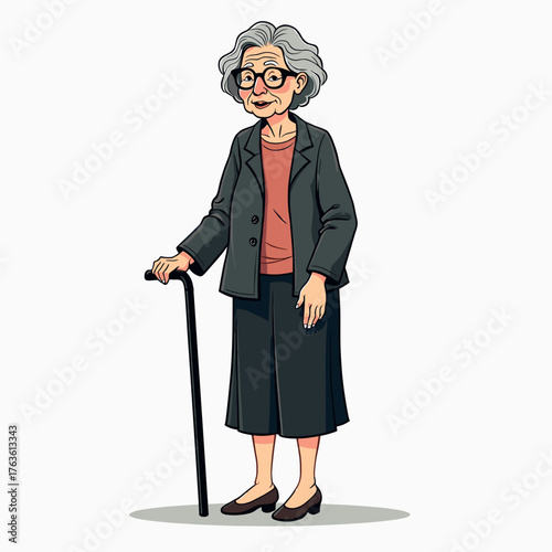 Elegant elderly woman with gray hair, glasses, and a walking cane