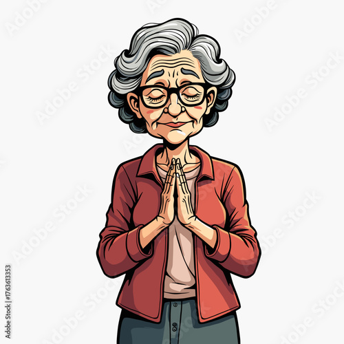 Elderly woman praying with hands together in thoughtful pose  