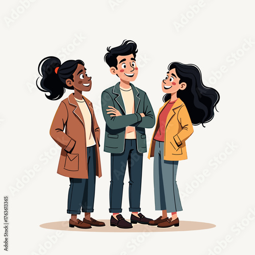 Group of three diverse young adults talking and standing together