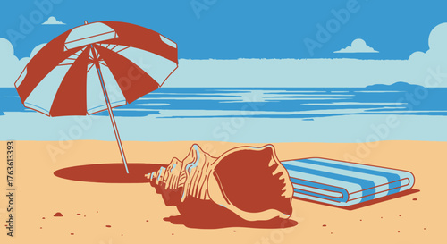 Retro Beach Escape with Seashell Umbrella and Towel Illustration