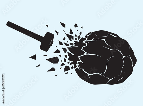 Strong Silhouette of Hammer Breaking Rock Symbolizing Persistence and Success
