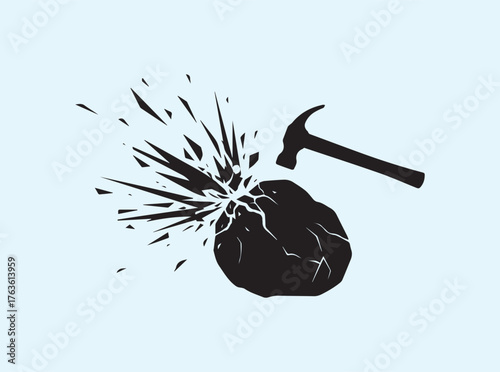 Rock Shattering Under Hammer Silhouette Depicting Breakthrough and Problem Solving
