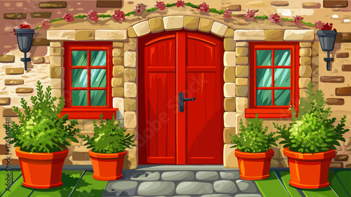 Very beautiful red wooden doors of a traditional English stone cottage, framed by textured limestone walls and two charming plant pots, evoking warmth, heritage, and countryside elegance in a timeless