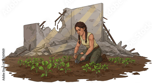 Resilient woman gardening amid ruins in post-apocalyptic setting