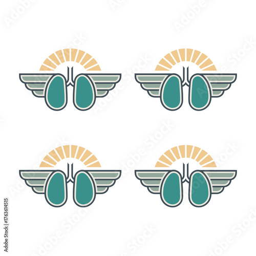 Awareness wings icon set, four matching wing badges with sun highlights, inspirational recovery theme, charity program vector