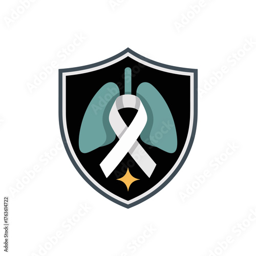 lung protection shield, teal lungs icon, white awareness ribbon, star badge, lung cancer awareness, modern vector logo