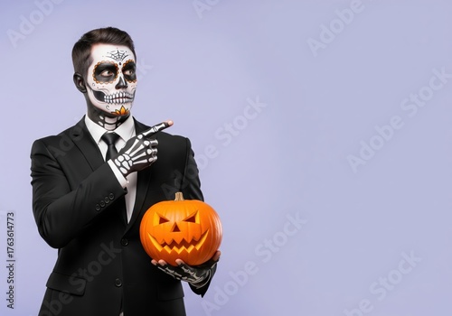 A sophisticated gentleman in a business suit with intricate calavera makeup for Halloween, holding a jack-o'-lantern and pointing towards copy space