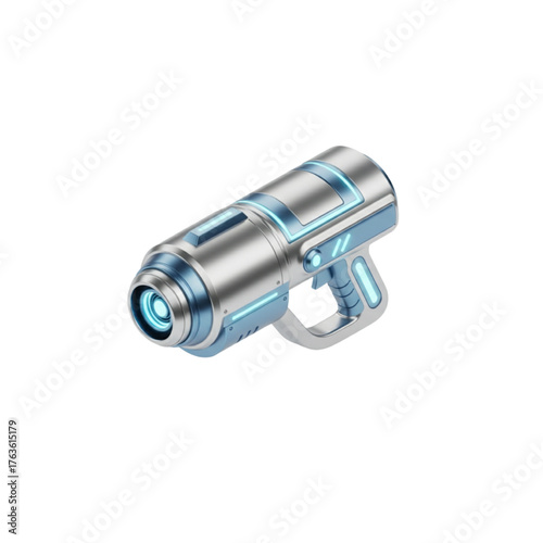 Realistic 3D render of a futuristic sci-fi laser gun. This metallic silver and blue plasma blaster pistol features glowing details and is isolated on a white background for easy use
