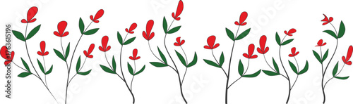 Charming hand-drawn floral border featuring red flowers with green leaves on flowing black stems