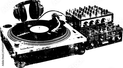 Vintage illustration of a turntable with headphones and audio mixing equipment. Simple black and white vector set showcasing music devices.