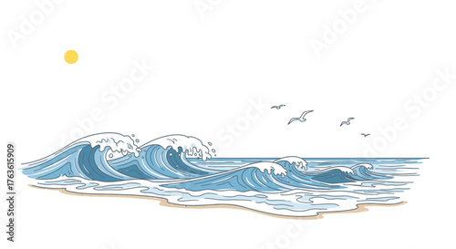 Ocean Waves and Seabirds Graphic on Sandy Beach