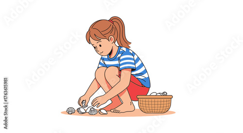 Girl collecting seashells at the beach in summertime leisure activity cartoon