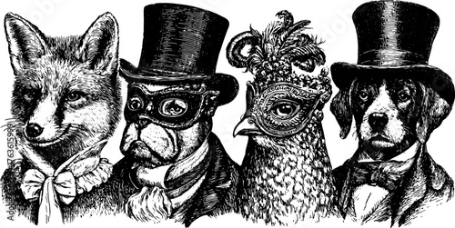 Fox, dog, and bird in vintage masquerade costumes. This vector illustration features elegant accessories in a hand-drawn style set.