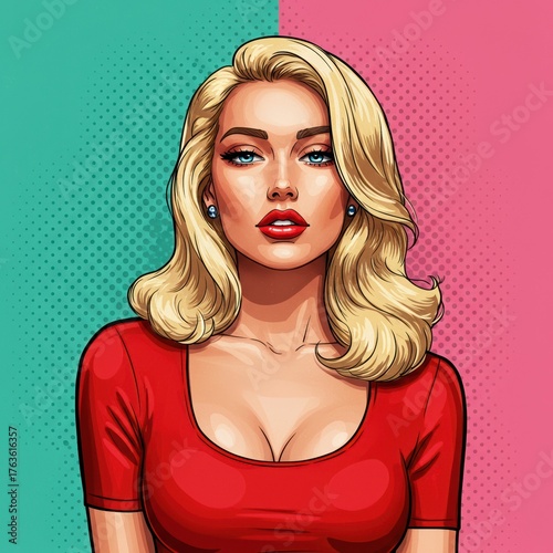 Vibrant pop art illustration of a glamorous blonde woman with blue eyes and red lips in a red top, set against a retro halftone background