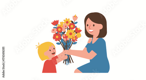 Cute Cartoon Daughter Giving Flowers to Happy Mother Illustration
