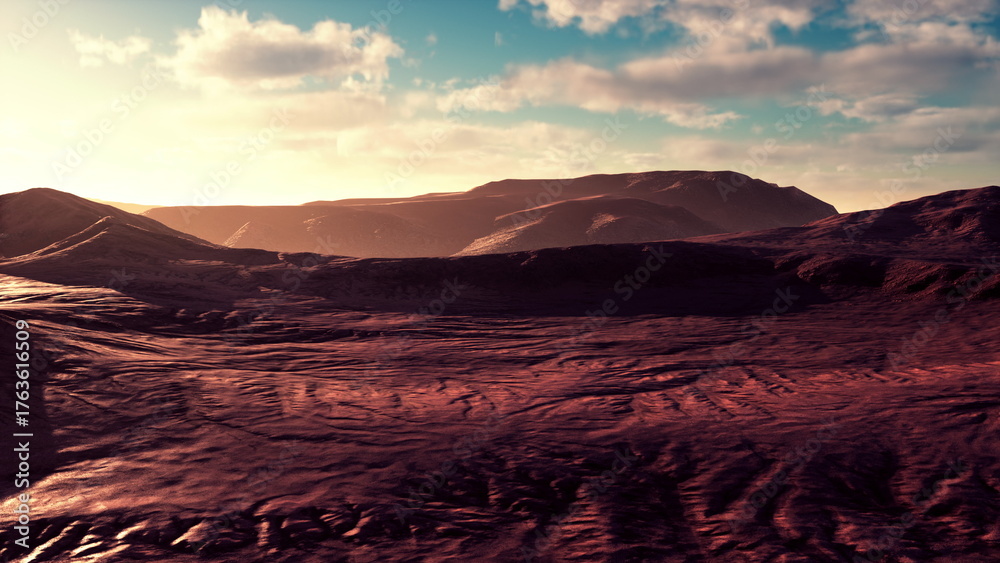 Naklejka premium Golden light spills across the expansive desert terrain, highlighting the undulating hills and valleys. The scene captures a tranquil afternoon, evoking a sense of solitude and wonder.