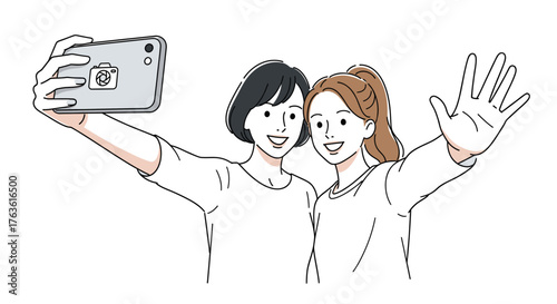 Two happy young woman capturing selfie illustration style design
