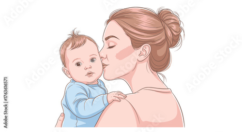 Artistic rendering of a loving mother kissing her baby illustration