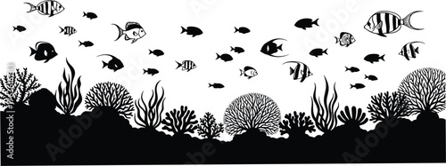 Black and white illustration of fish and coral reef underwater life