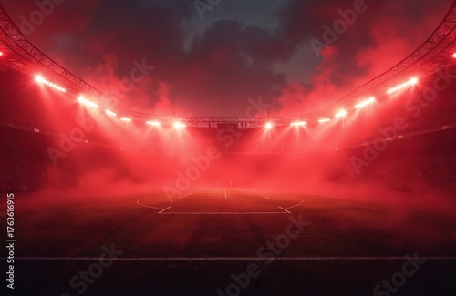 Soccer stadium with red smoke, lights on field. Football arena with fog, flare. Intense match at night with empty seats. Sports venue with pyrotechnic atmosphere. Dramatic scene with mist, haze on