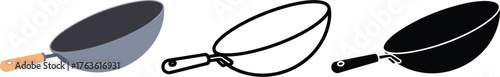 Three wok illustrations showing color outline and silhouette versions