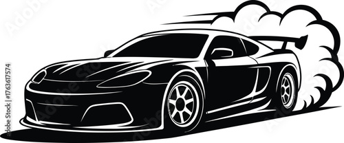 Dynamic sports car silhouette performing drifting maneuver emitting smoke