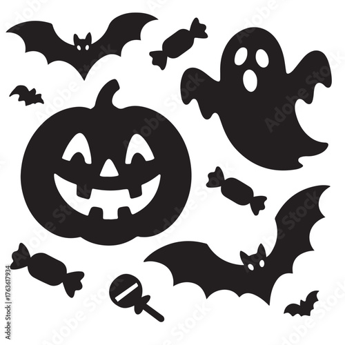 silhouette black Funny Halloween with cartoon pumpkin, ghost, bats, and candy on white background