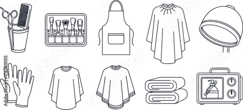 Outline drawing of various hairdressing and beauty salon equipment