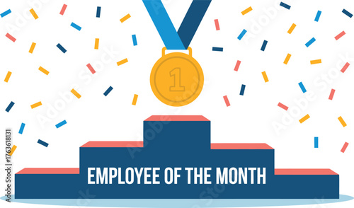 Employee of the month gold medal awarded on podium with confetti celebration