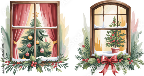Charming watercolor Christmas window scene with decorated tree, ornaments, red curtains, holly leaves and festive winter holiday home decoration