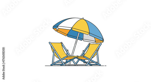 Cartoon style summer beach chairs and sun umbrella scene