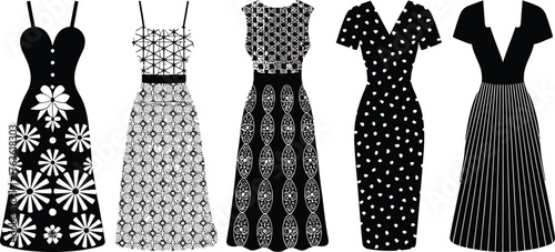 Elegant collection of five black and white patterned dresses fashionable style