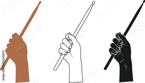 Three illustrations of a hand holding a drumstick in different styles
