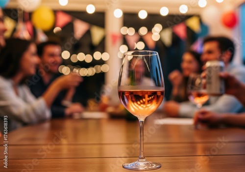 A close-up of a wine glass filled with rosé wine on a wooden table with a group of friends in the blurred background celebrating at a party