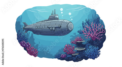 Cartoon submarine exploring vibrant coral reef underwater scene