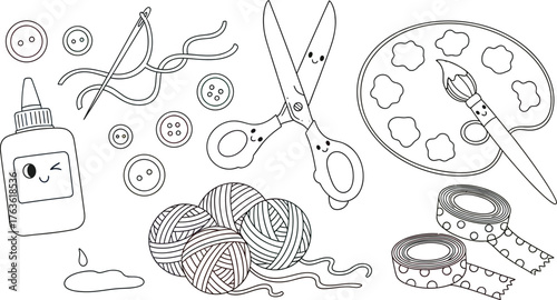 A whimsical illustration of colorful craft supplies on a light background