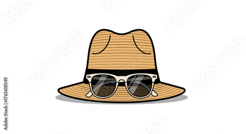 Straw Fedora and Sunglasses Stylish Summer Accessory Graphic Illustration