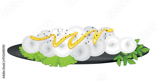 Realistic cooked mushrooms with lettuce leaves white background - Vector illustration